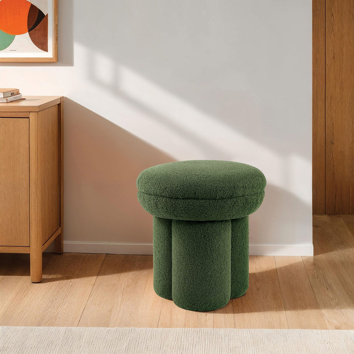 Green Fabric Stool with Pedestal Base for Modern Living Room Seating for Bedroom