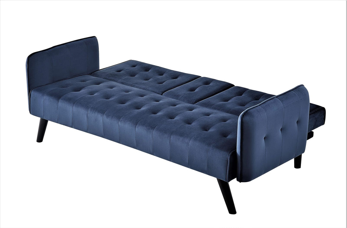 Blue Velvet Convertible Sofa Bed with Drop-Down Table for Guest Rooms for Living Room
