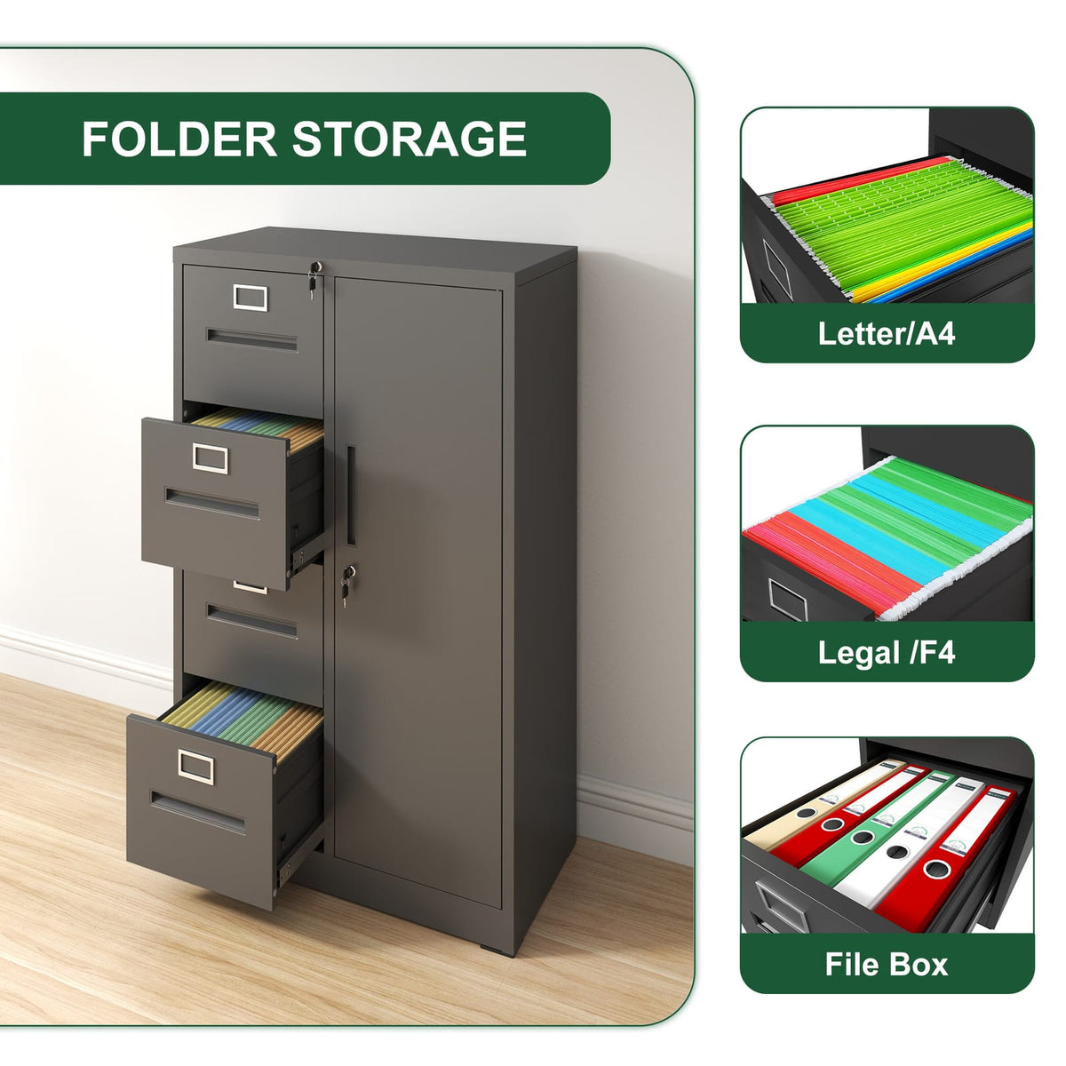 Black Steel File Cabinet - 4 Drawers with Lock - Office Storage