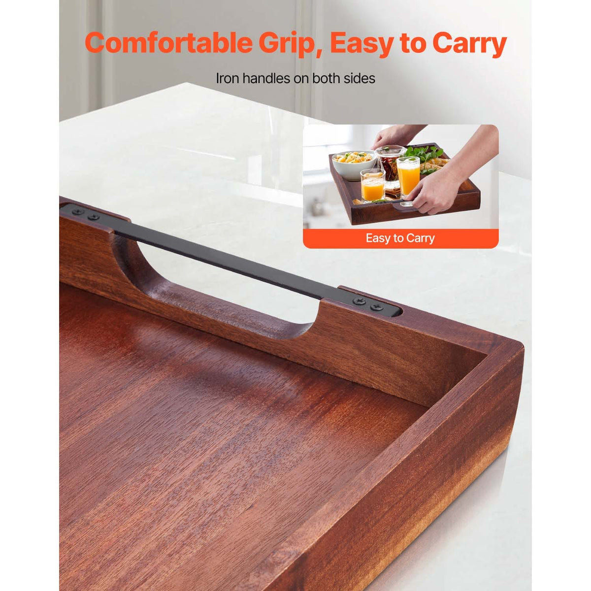 Acacia Wood Serving Tray with Iron Handles for Kitchen Dining