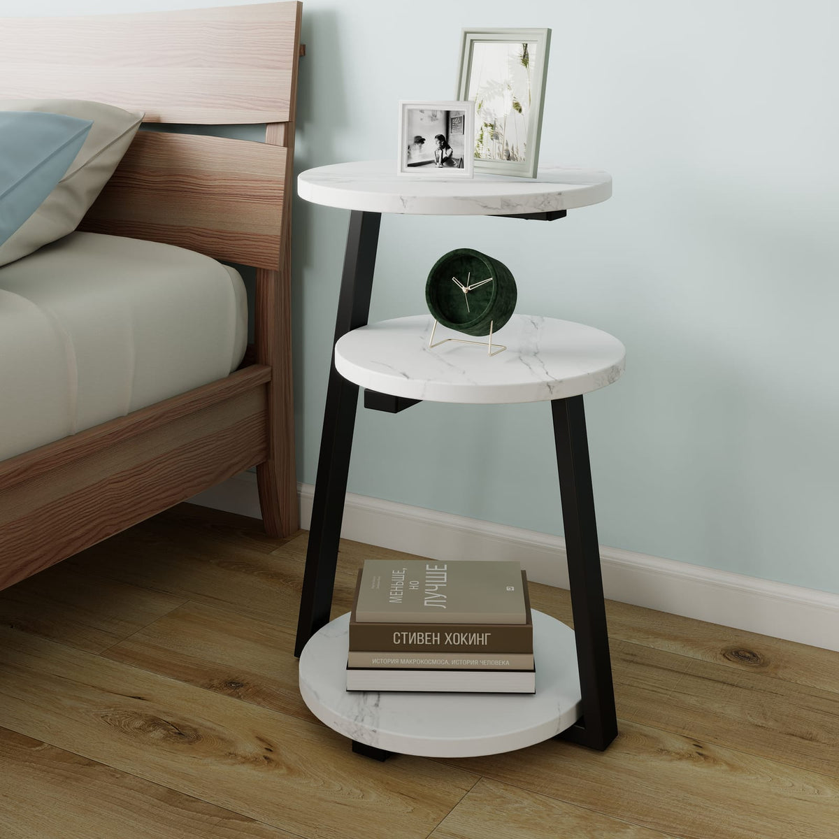 White Wood Side Table with Storage Shelves - Compact End Table for Dining Room