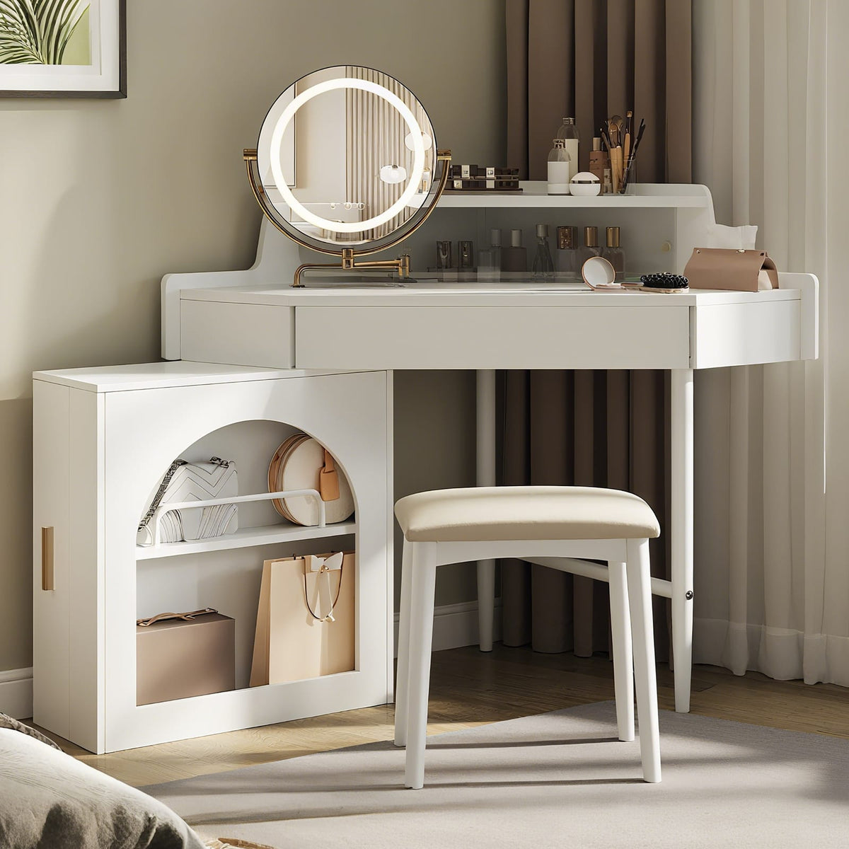 Corner Makeup Vanity with LED Mirror and Storage for Bedroom