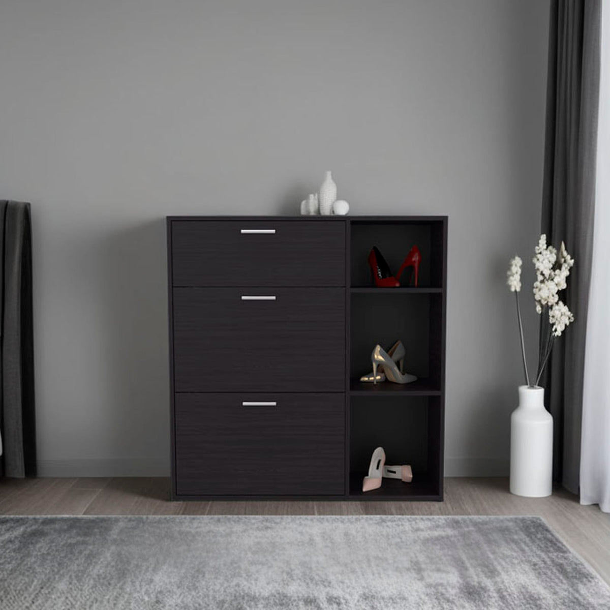 Black Shoe Storage Cabinet - 3 Shelves Entryway Rack for Living Room
