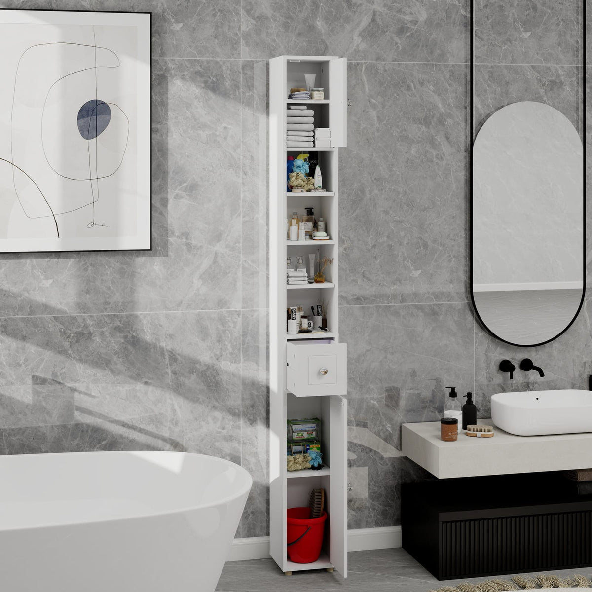 Tall Slim Bathroom Storage Cabinet - White MDF