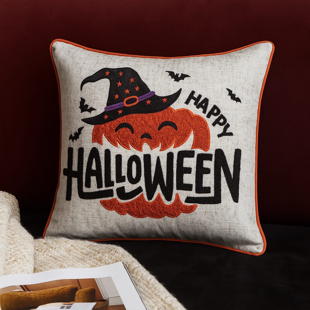 Happy Halloween Pumpkin Witch Throw Pillow - 20x20 Natural Polyester