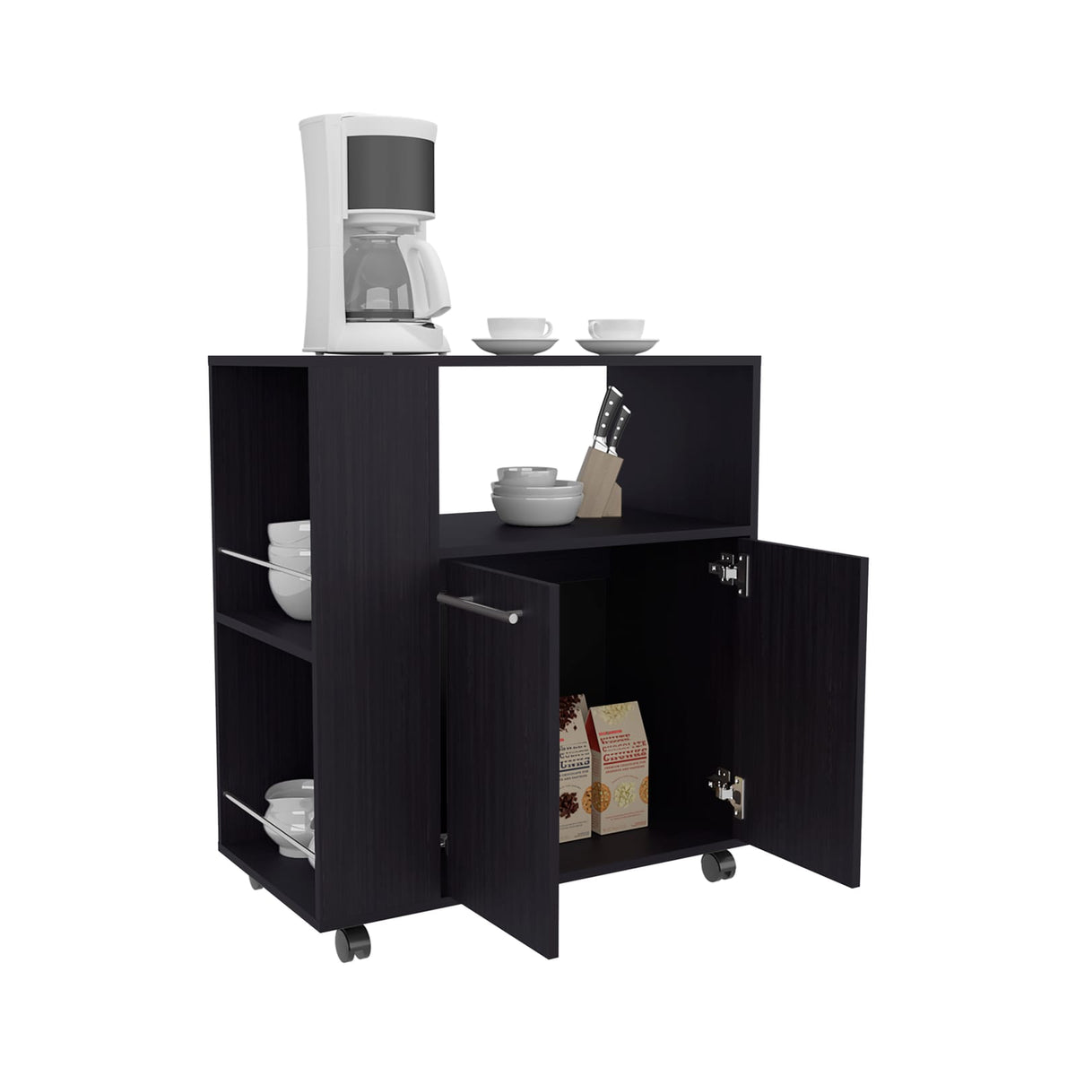 Black MDF Kitchen Cabinet Cart - 29.5" Storage for Living Room