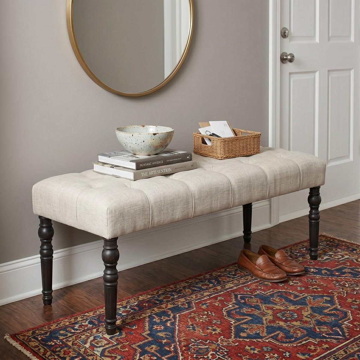 Tan Fabric Tufted Dining Bench - 48" Long