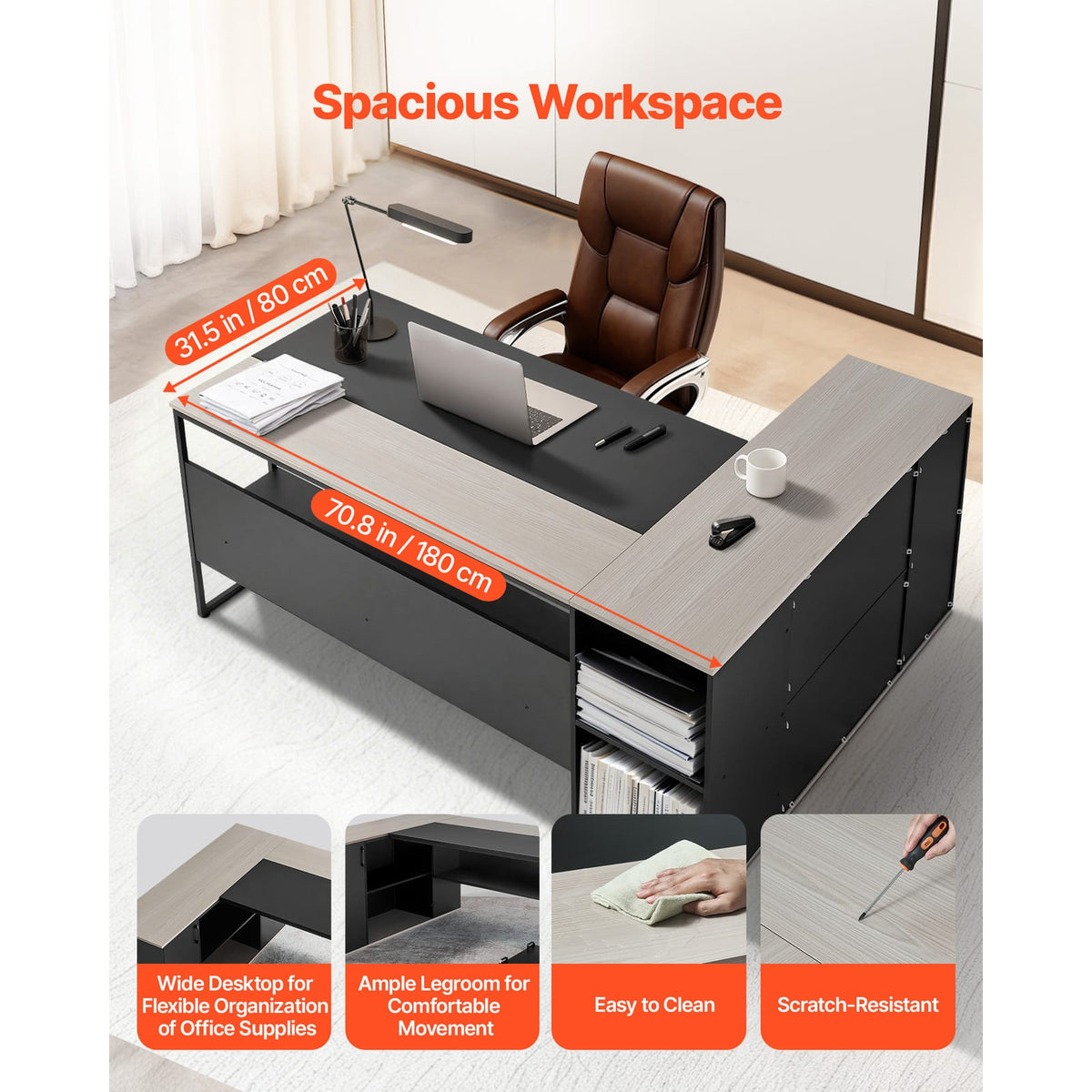 L-Shaped Executive Desk - Large Black+Grey Iron Office Table with Drawers & Storage