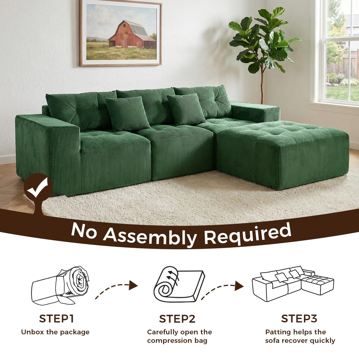 Green Corduroy 3-Seat L-Shaped Sectional Sofa - 101" for Living Room