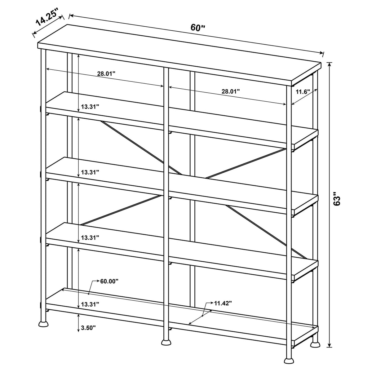 60" Brown Wood Office Bookcase - 4 Shelves
