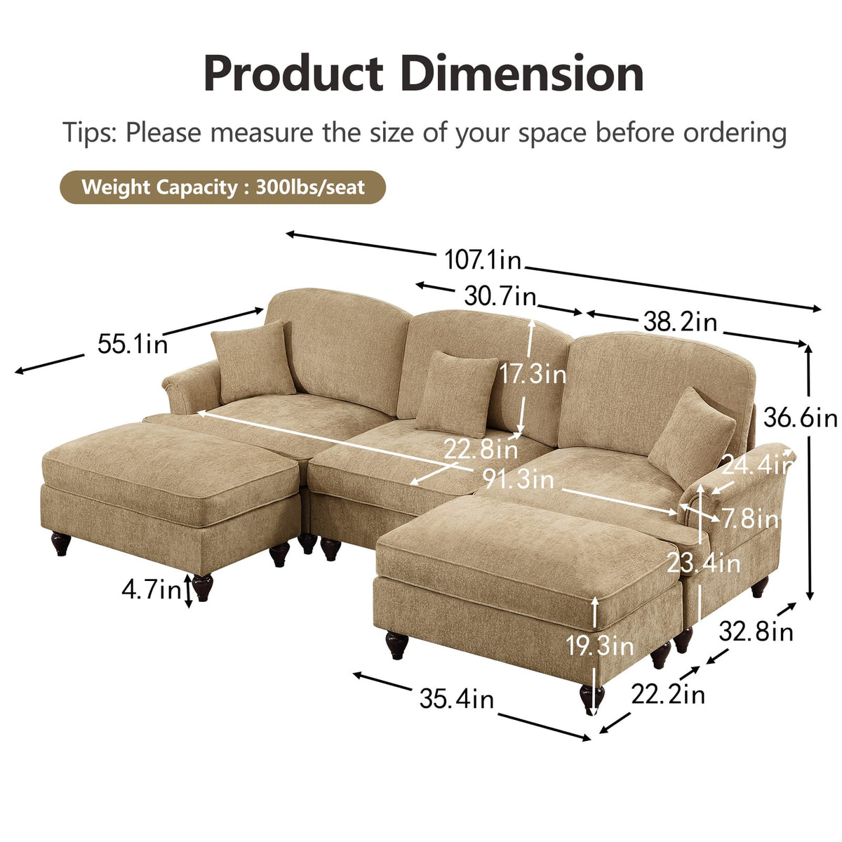 3 Seat Chenille Sectional Sofa - Light Coffee for Living Room