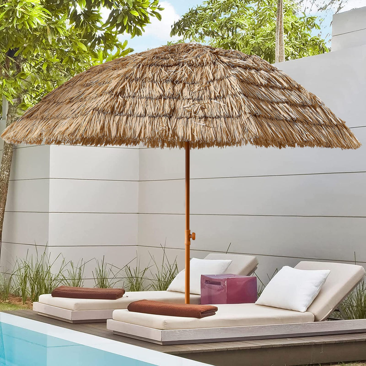 8ft Brown Thatch Tiki Umbrella for Poolside Garden Patio Shade
