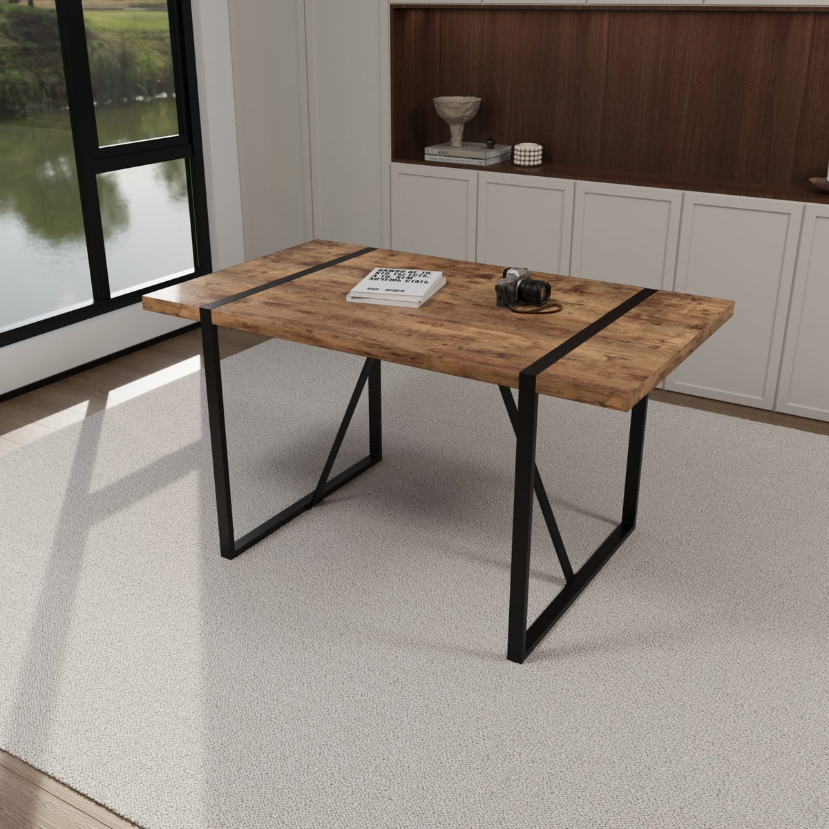 Modern Industrial Dining Table and Chair Set in Grey Brown MDF