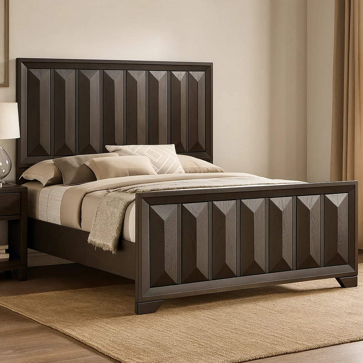 Espresso King Size Bed Frame - Modern Panel Headboard for Bedroom