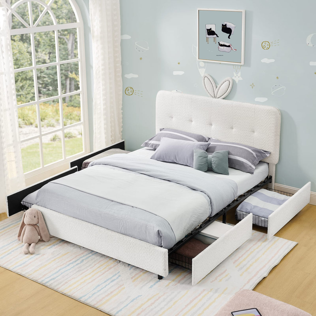 Full Size Kids Bed with Storage - Beige Boucle Fabric