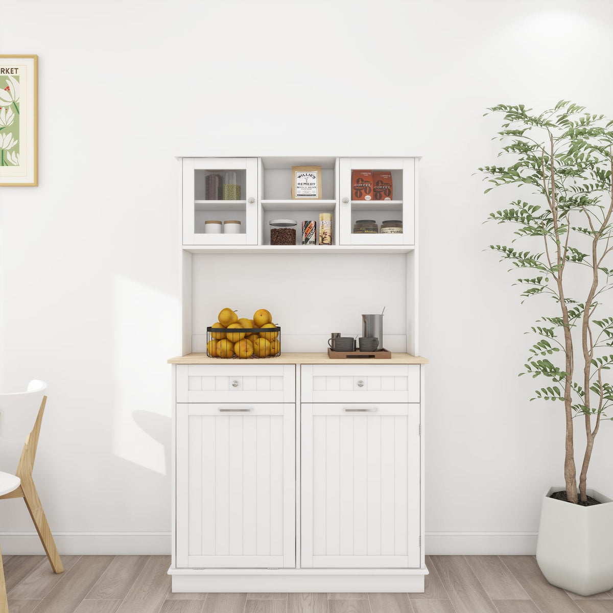 67.7" White MDF Kitchen Storage Cabinet - Trash Can with Shelves