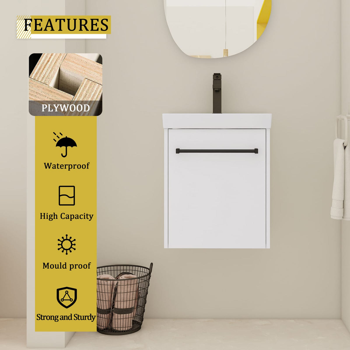 18'' Floating Bathroom Vanity - White Plywood Storage