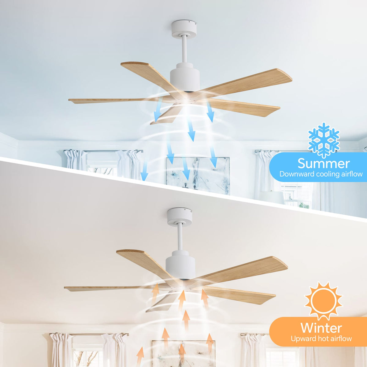 52 Inch Matte White Ceiling Fan - Wood Blades, DC Motor