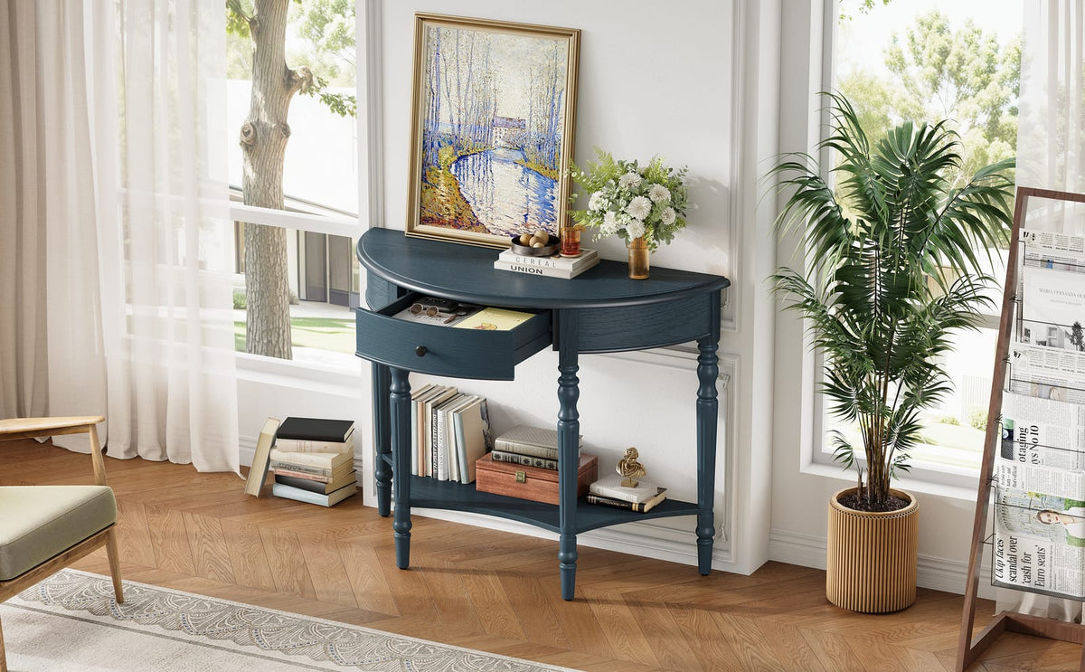 Navy Solid Wood Half Moon Console Table - Entryway Storage
