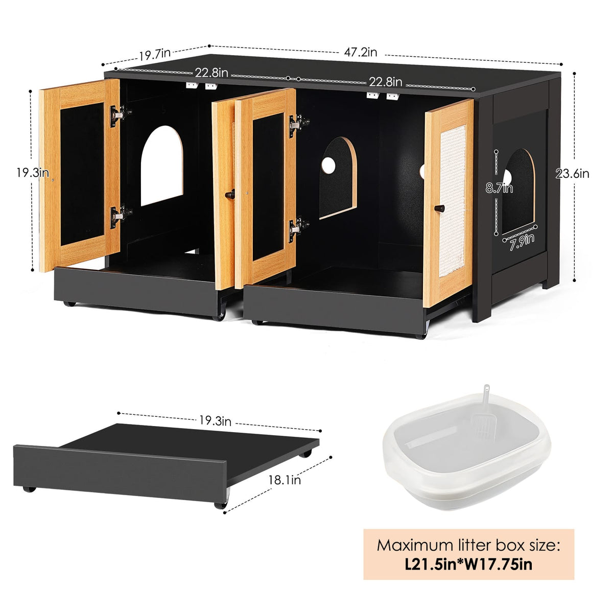 Double Litter Box Enclosure for 2 Cats - Light Oak
