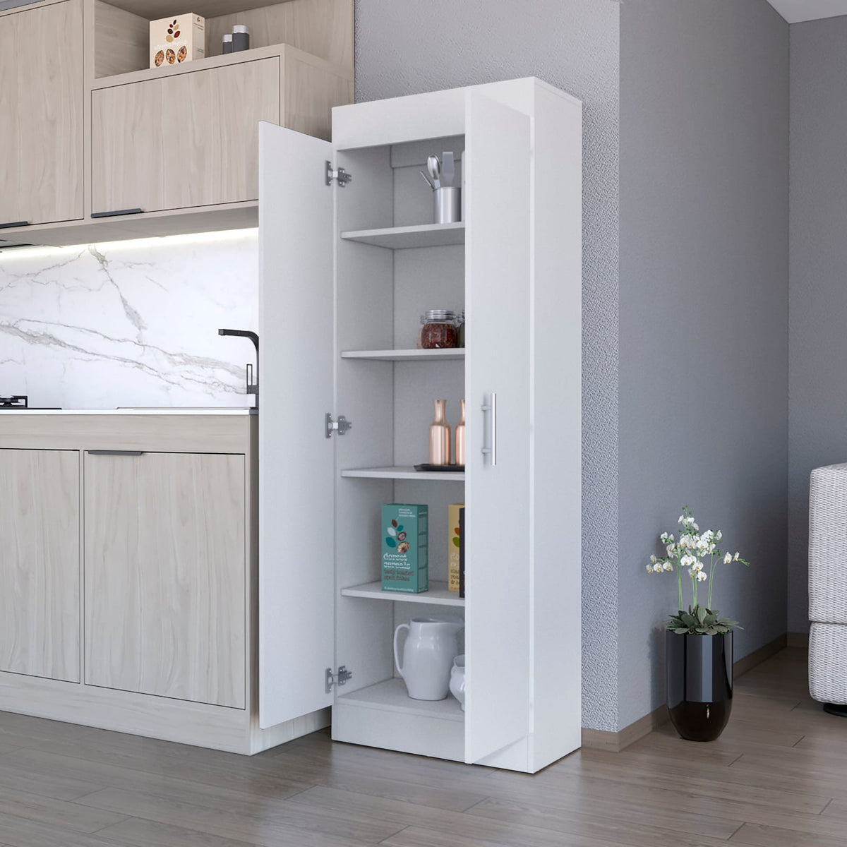 5-Shelf White Wood Kitchen Pantry Cabinet for Dining Room