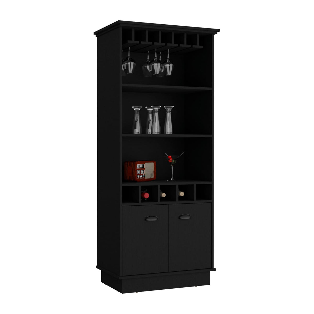 Black Wine Rack Bar Cabinet 70"H with Storage Shelves for Dining Room