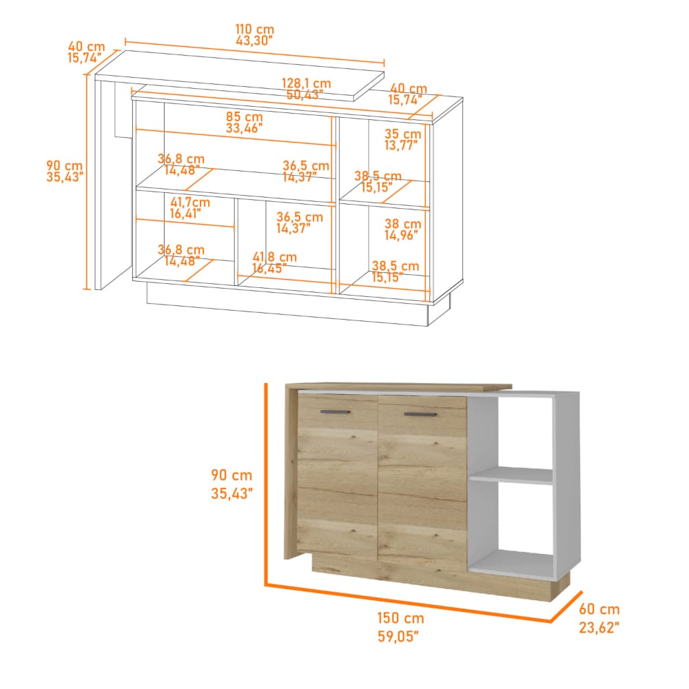 Crescent 7-Shelf Kitchen Island & Pantry - White and Light Oak MDF