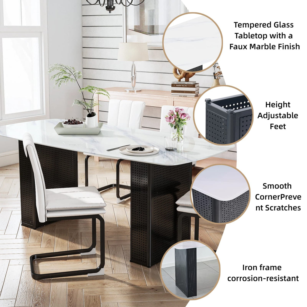 Black Tempered Glass Dining Table with Marble Pattern, Black Metal Legs