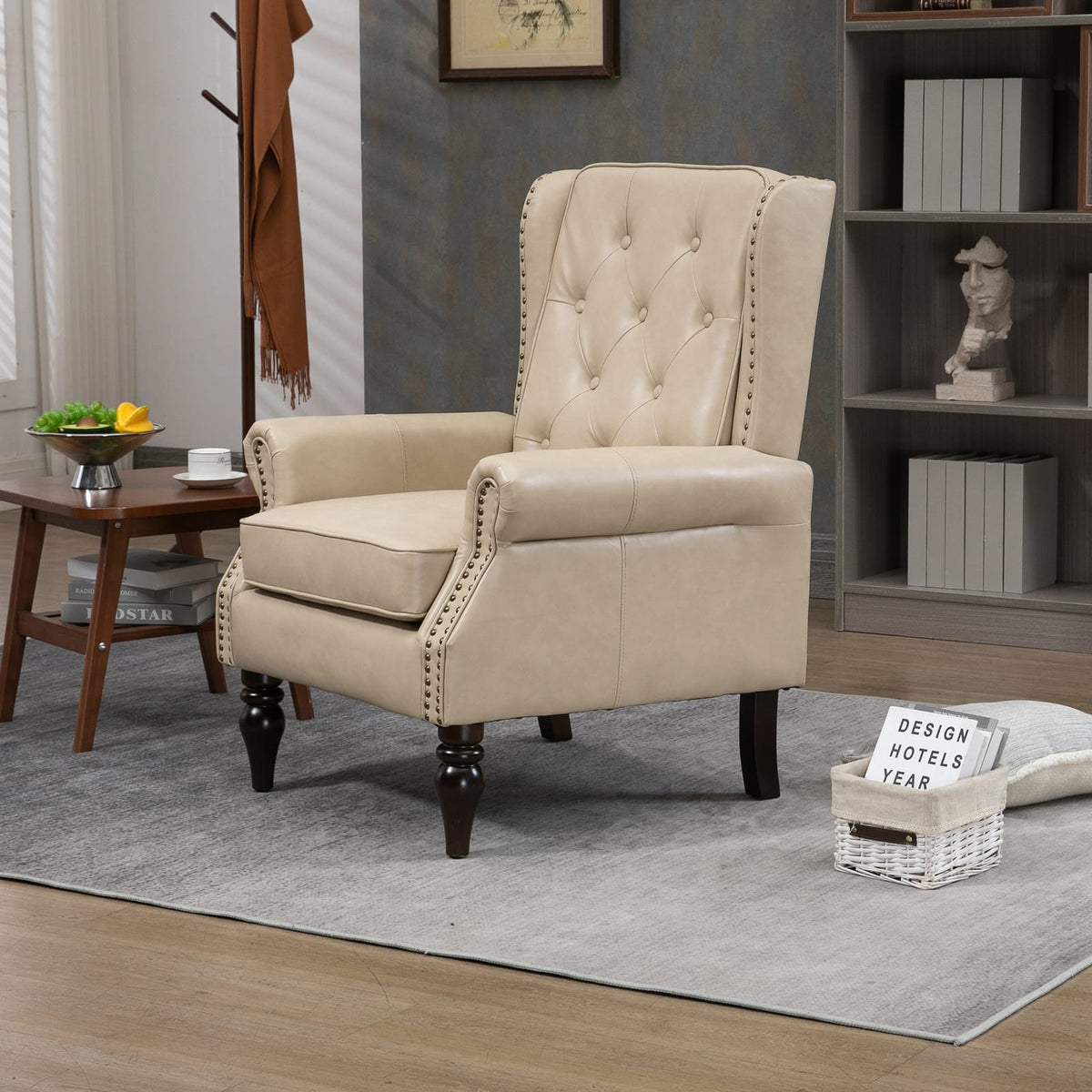 Camel PU Leather Armchair - Modern Accent Chair Lounge with Wood Legs