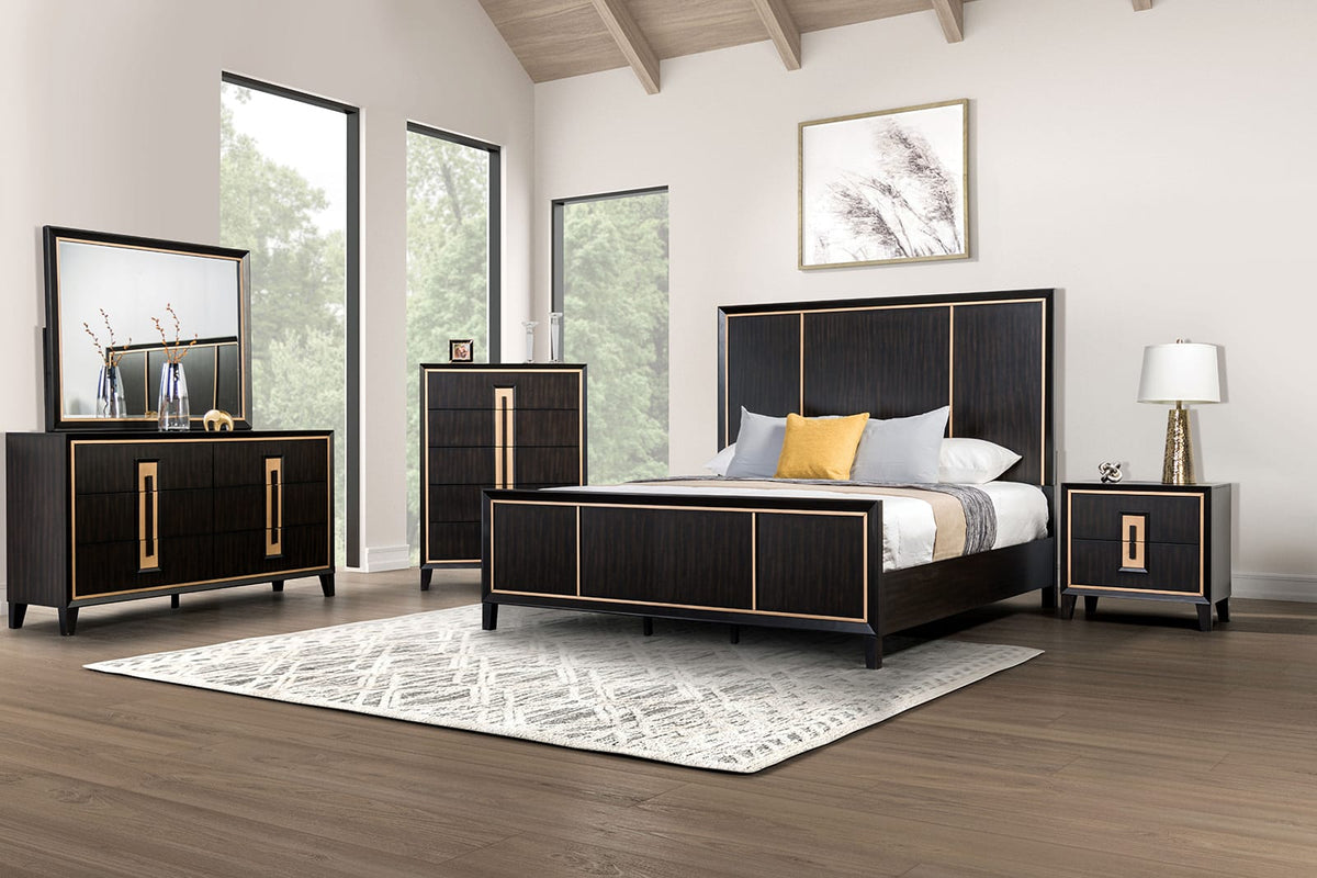 Espresso Solid Wood Bedroom Dresser with Gold Accent Trim Storage