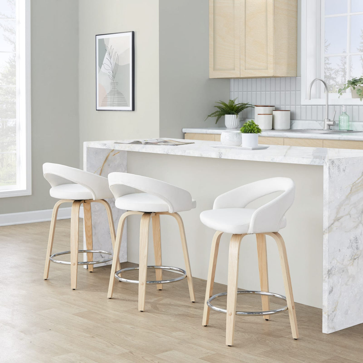 White Velvet Swivel Counter Stools Set for Dining Room