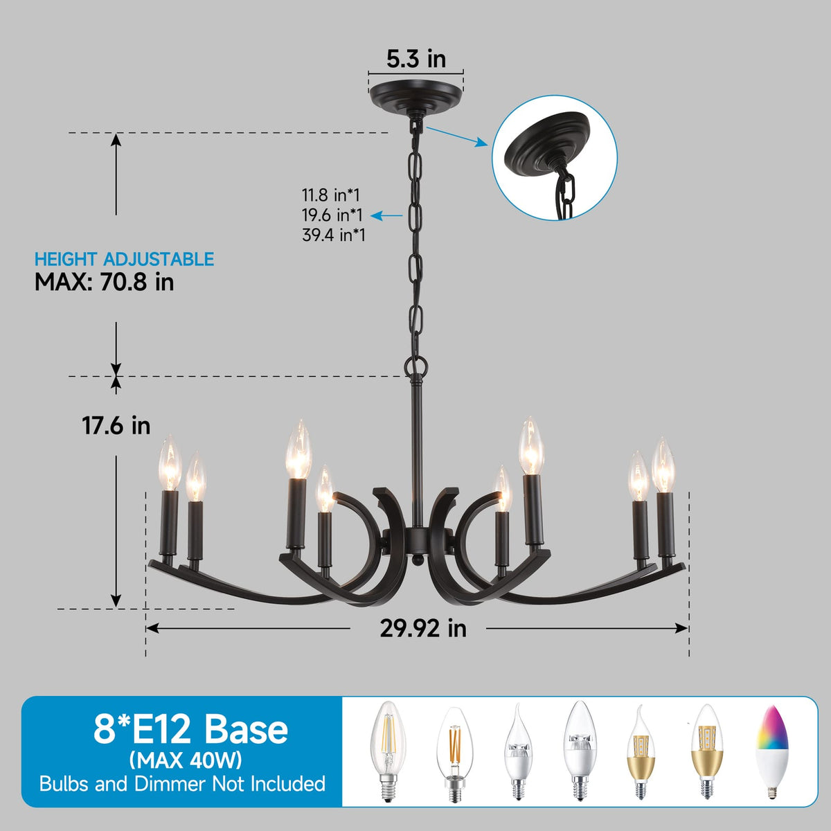 8-Light Farmhouse Chandelier - Matte Black Metal Lighting