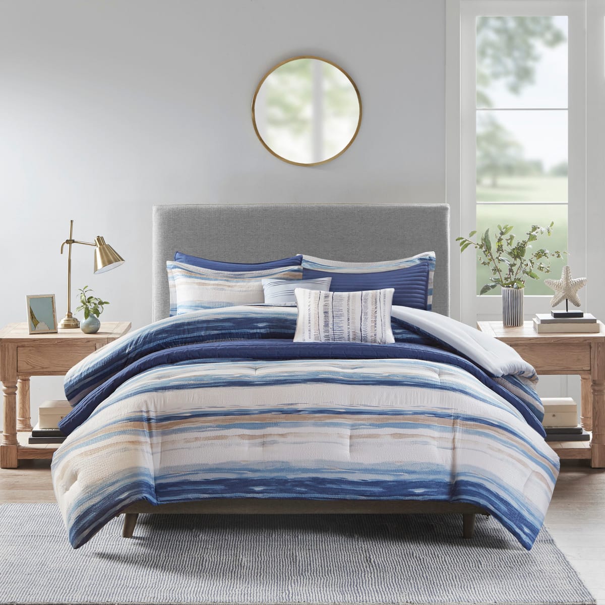 8 Piece Blue Seersucker Comforter Set - King Size