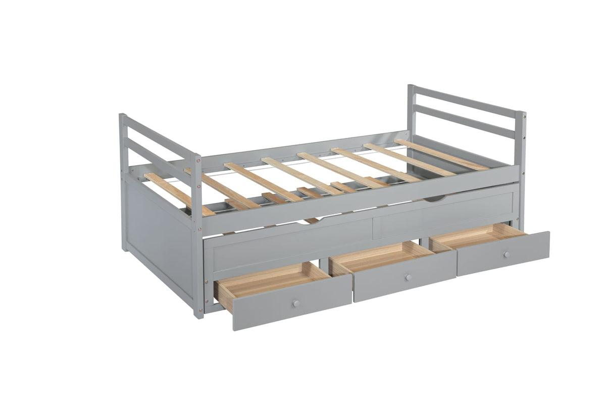 Twin Size Bed with Headboard Grey Pine Wood Frame