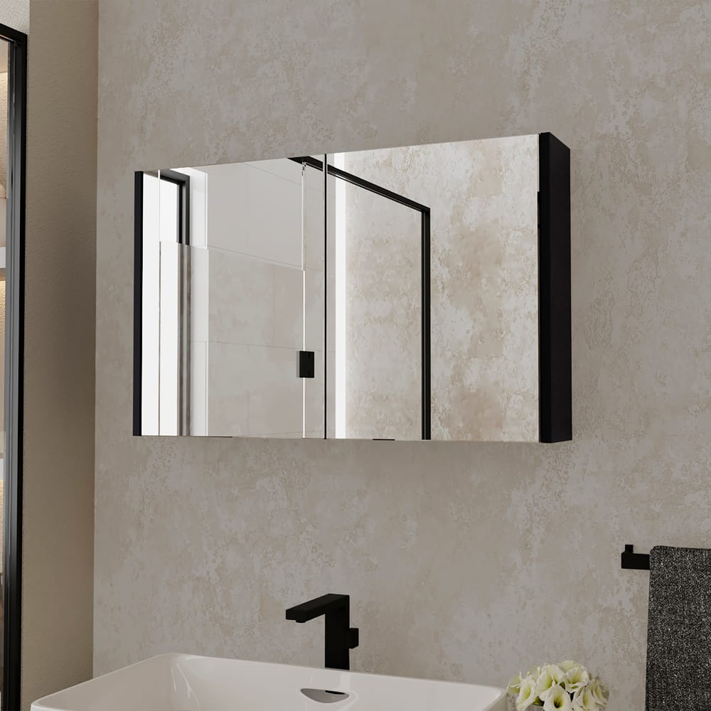 Black Bathroom Storage Cabinet with Mirrored Doors