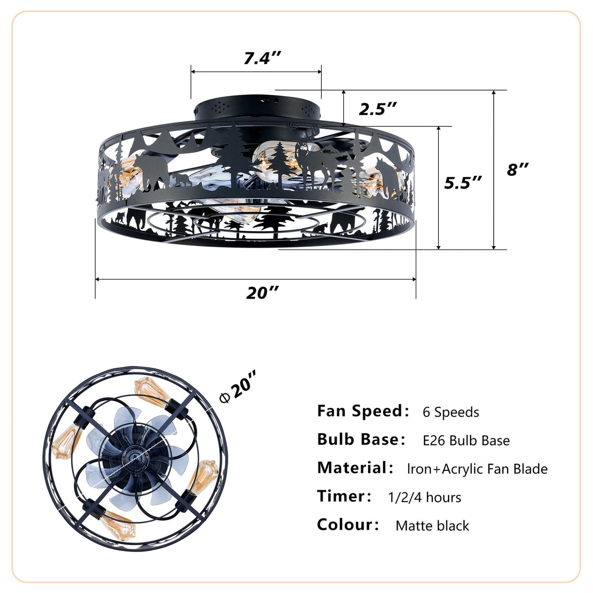 20" Caged Ceiling Fan with Remote - Matte Black, Quiet & Reversible