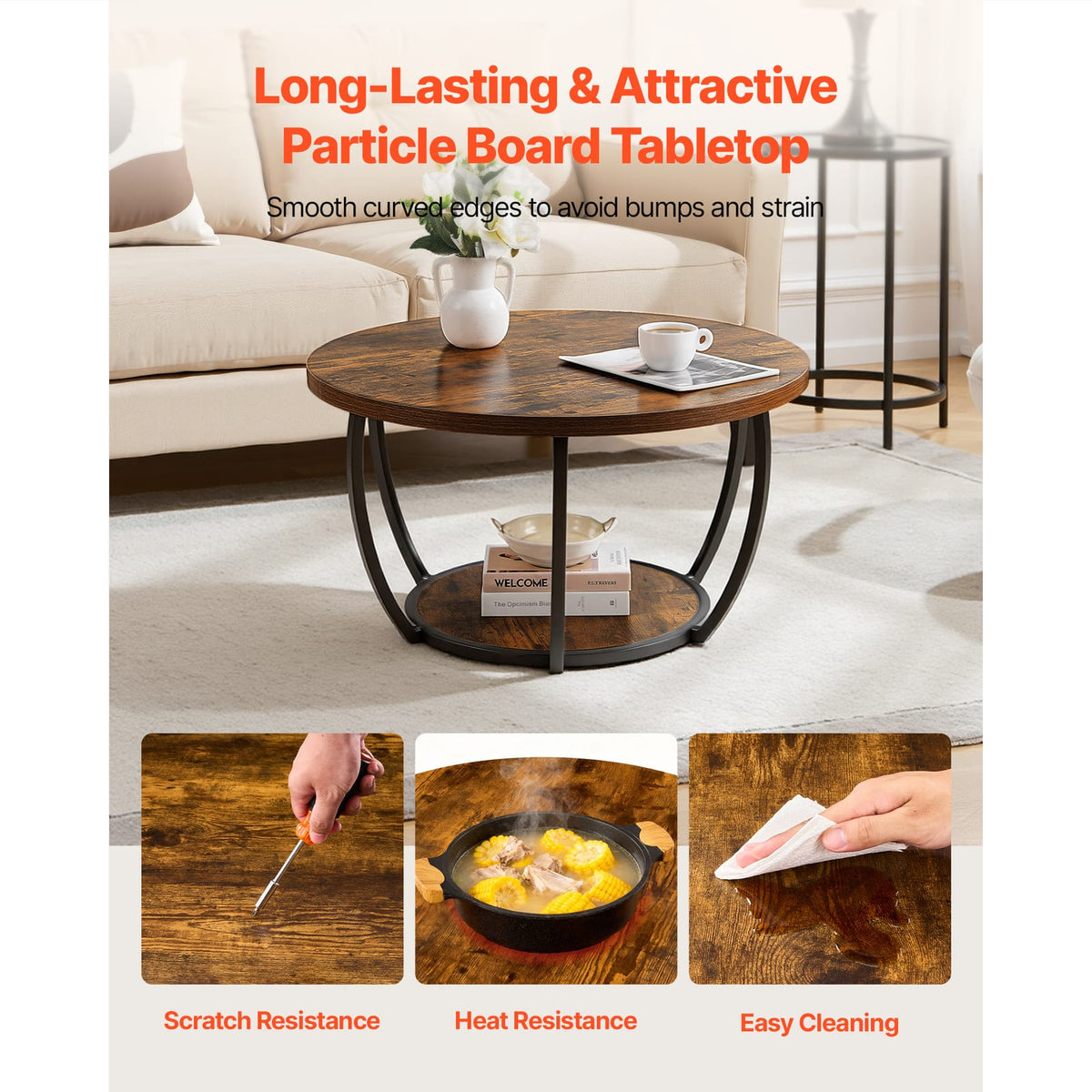 Modern Round Coffee Table - 2 Tier Wooden Center Table with Open Storage - Rustic Brown