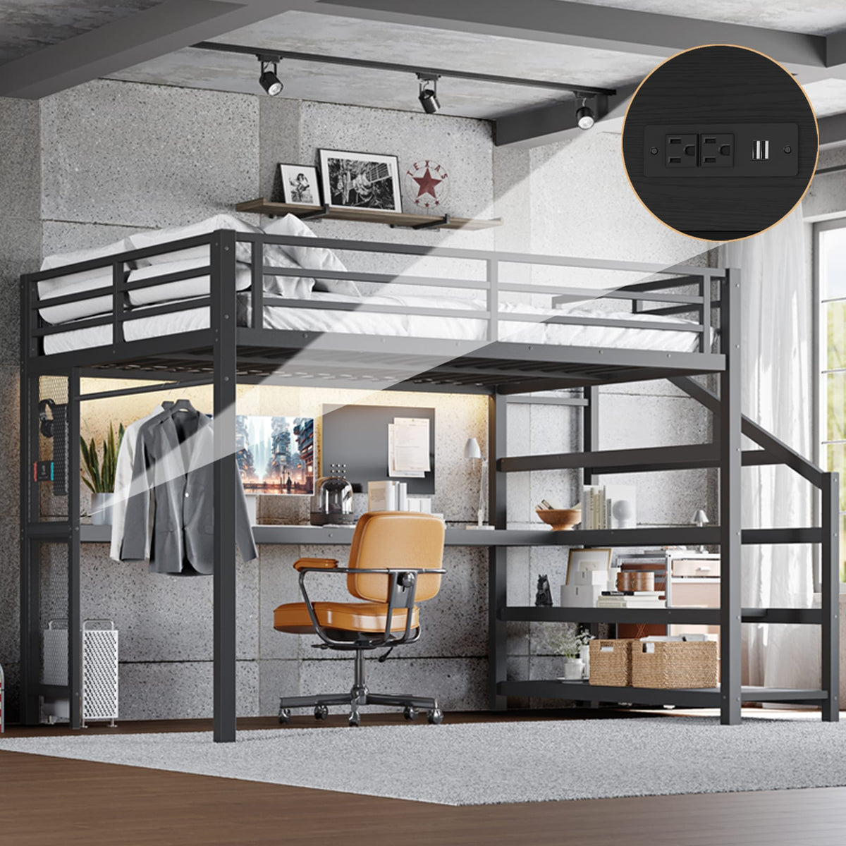 Queen Loft Bed with Desk & Storage - Multifunctional Black