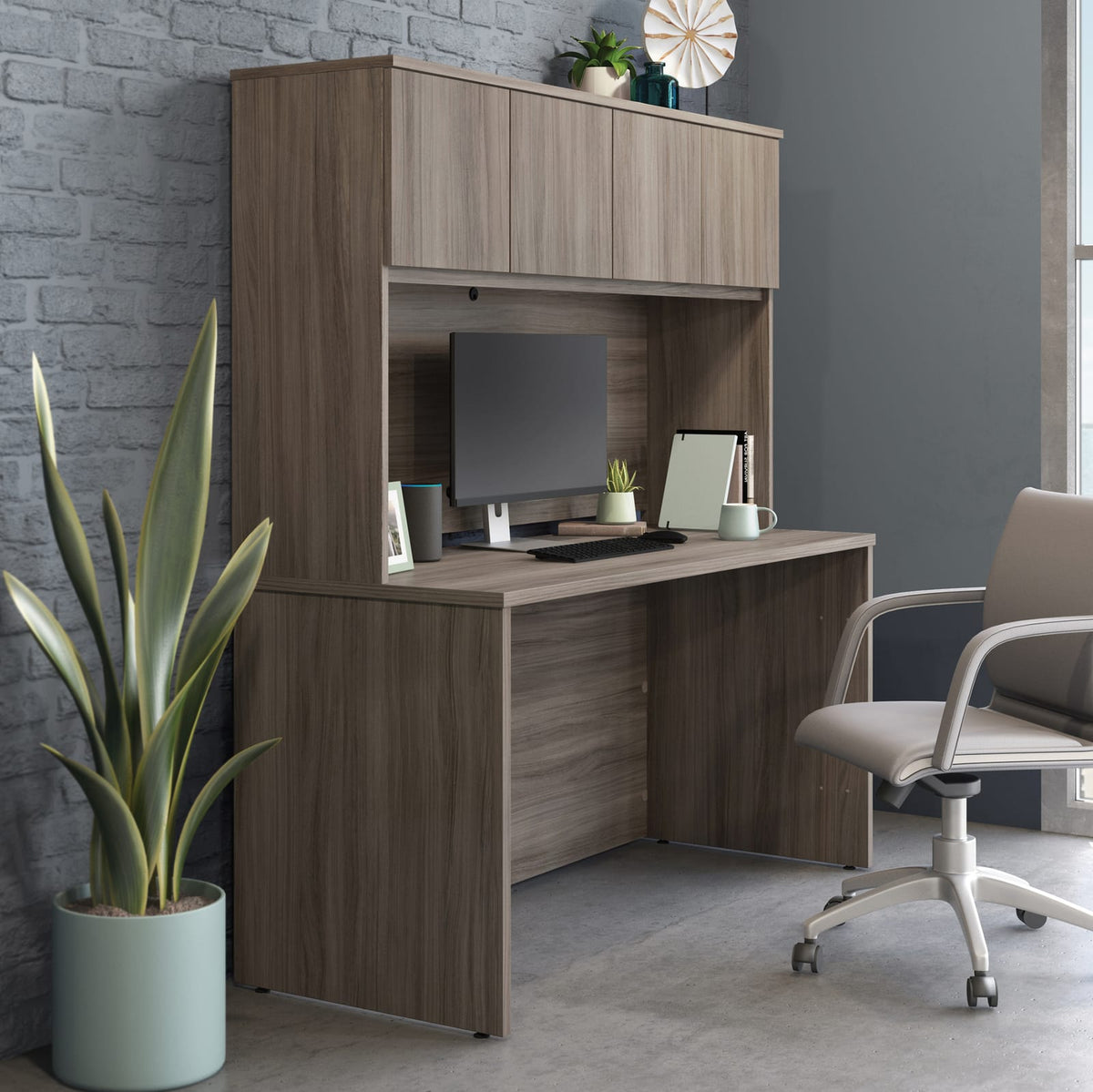 64" Rectangular Brown Desk with Hutch - Office Storage