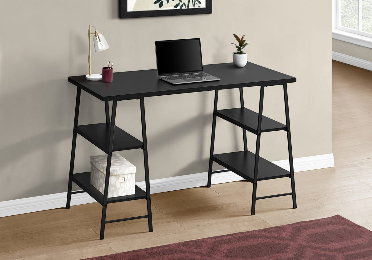 Computer Desk, Black Metal Storage Shelf - 48"L Workstation