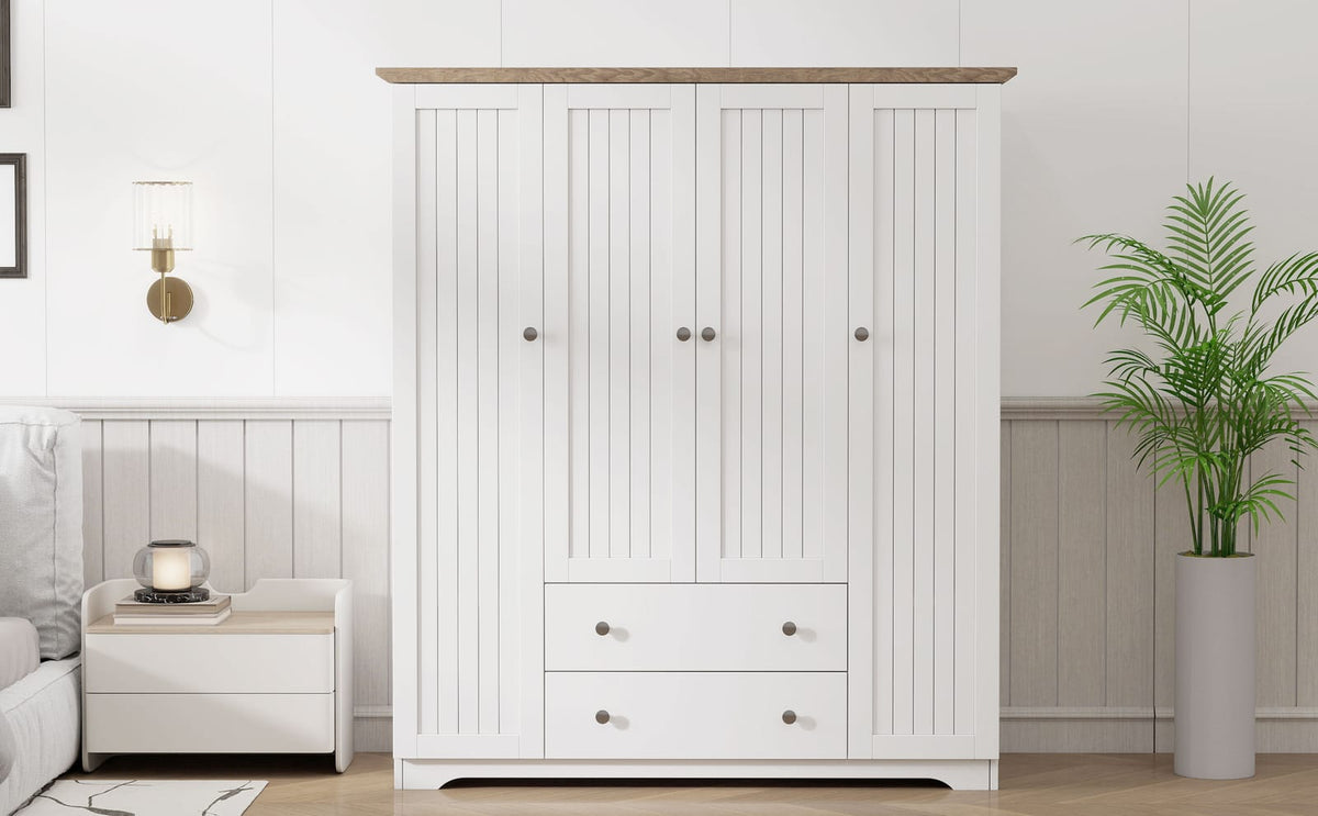 White 60" Wardrobe with Hanging Rod & 2 Drawers for Bedroom