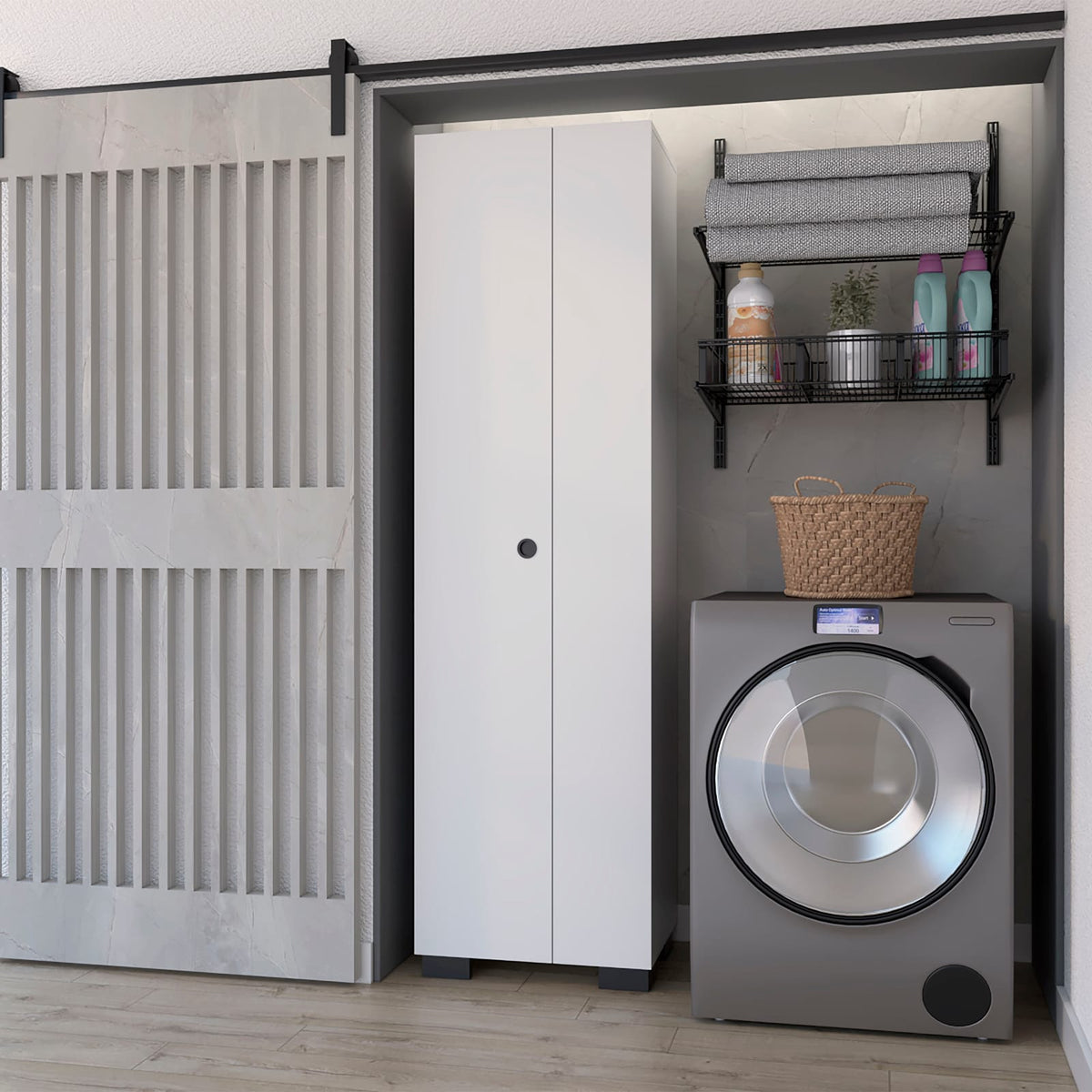 Modern White Particle Board Storage Cabinet with Broom Hangers for Bedroom
