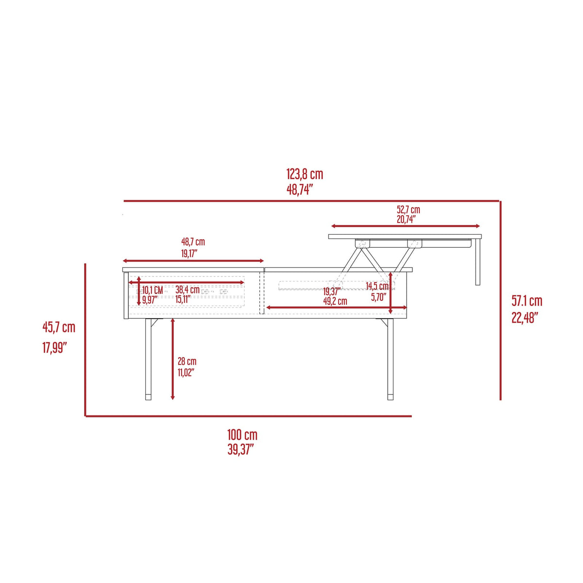 Brown Lift Top Coffee Table - 40.9" Rectangle