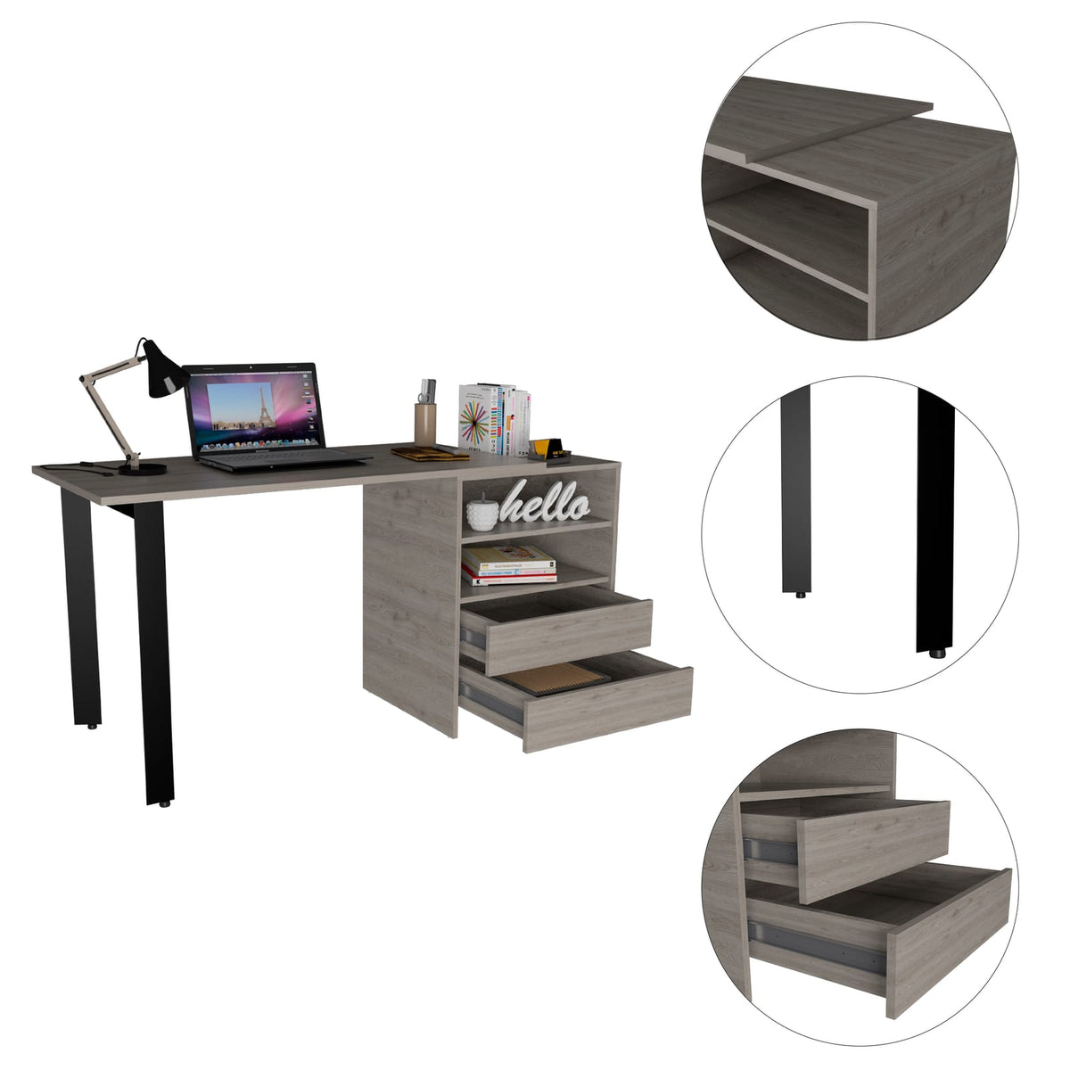 Light Gray 2-Drawer Writing Desk with Shelves for Home Office