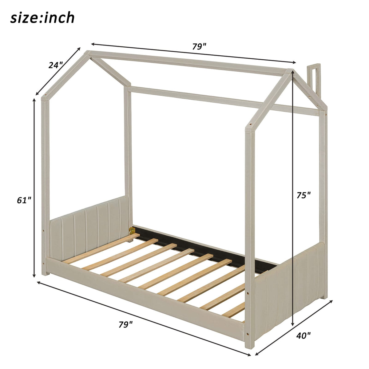 Beige Velvet Twin Size Playhouse Bed - Kids Bedroom