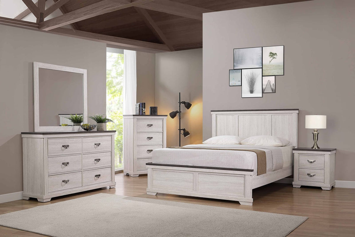 Beige Gray White Two Drawer Nightstand - Farmhouse Bedroom Nightstand