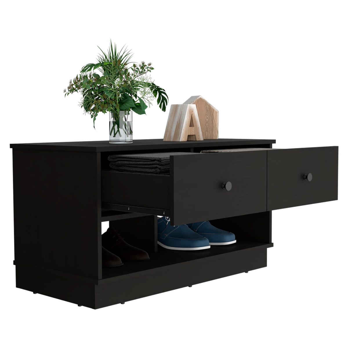 Black Modern Storage Bench with Shelves & Drawers