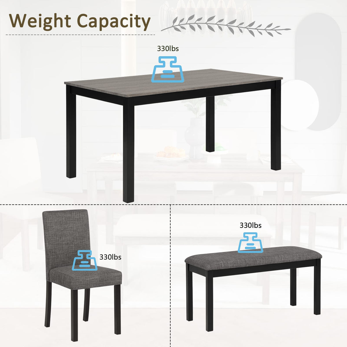 6-Piece Dining Set in Black and Light Gray for Kitchen Storage