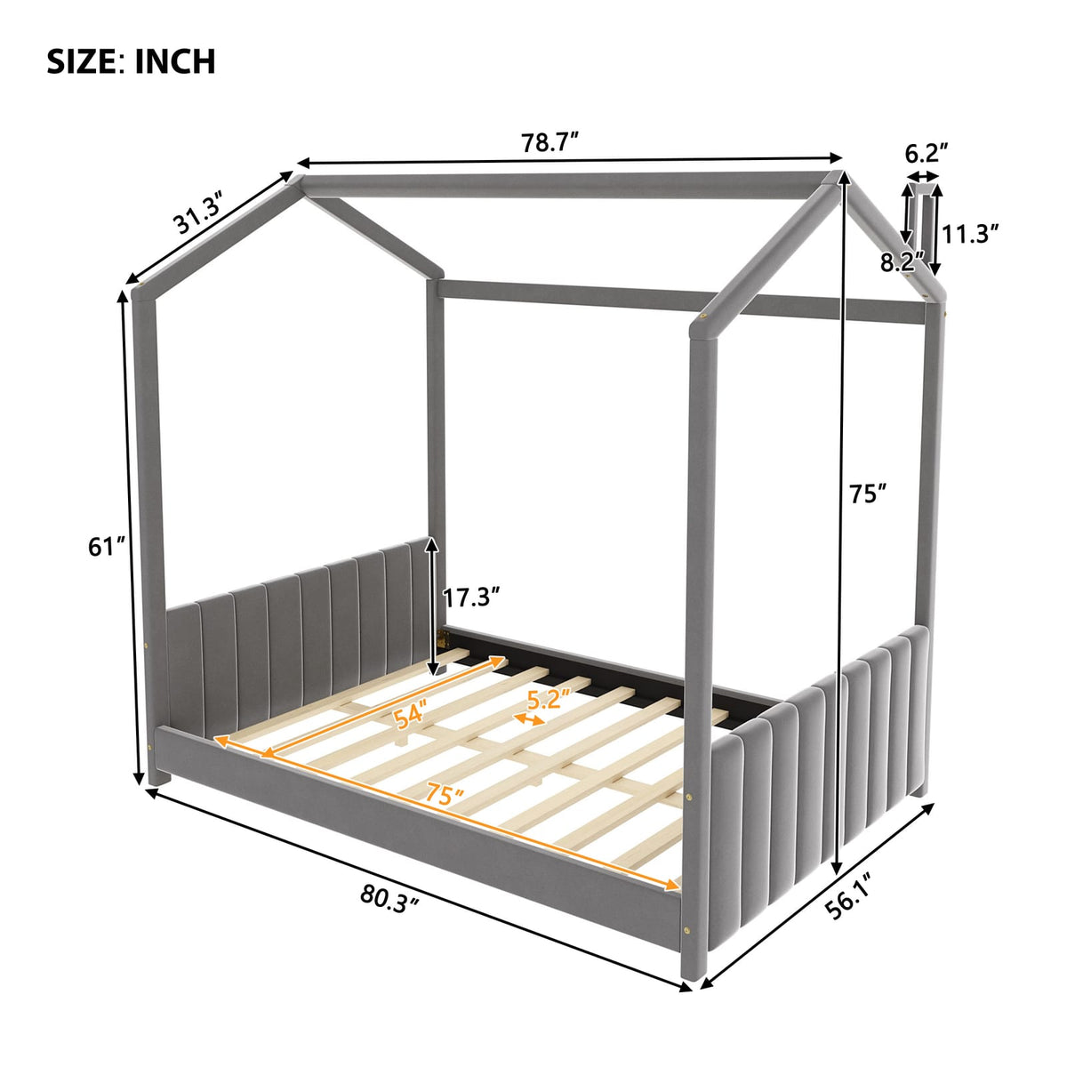 Gray Velvet Full Size Playhouse Bed - Kids Bedroom Furniture