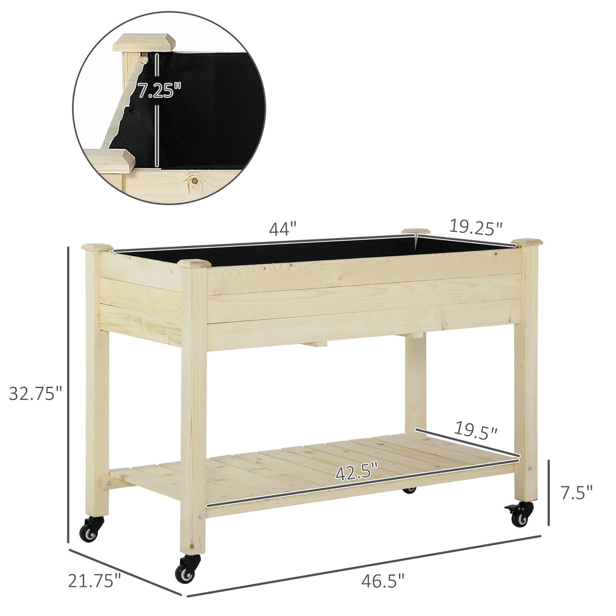 Outdoor Wooden Raised Garden Bed with Wheels & Shelf